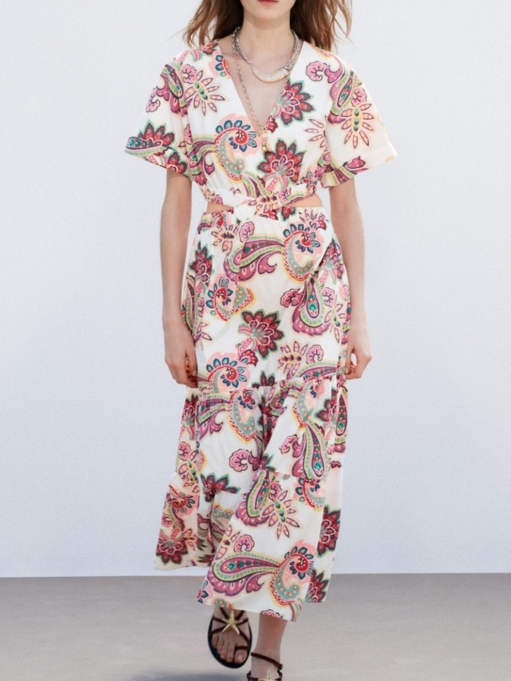 Zara Cut Out Printed Poplin maxi Dress paisley floral bohemian country coastal